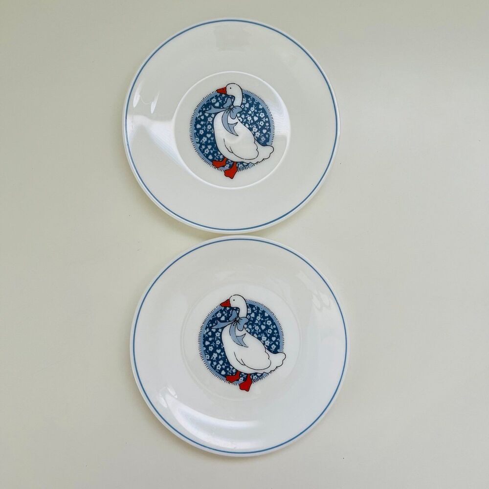 ARCOPAL France Blue Bow Country Goose Opal Milk Glass Salad Plate, Set of 2